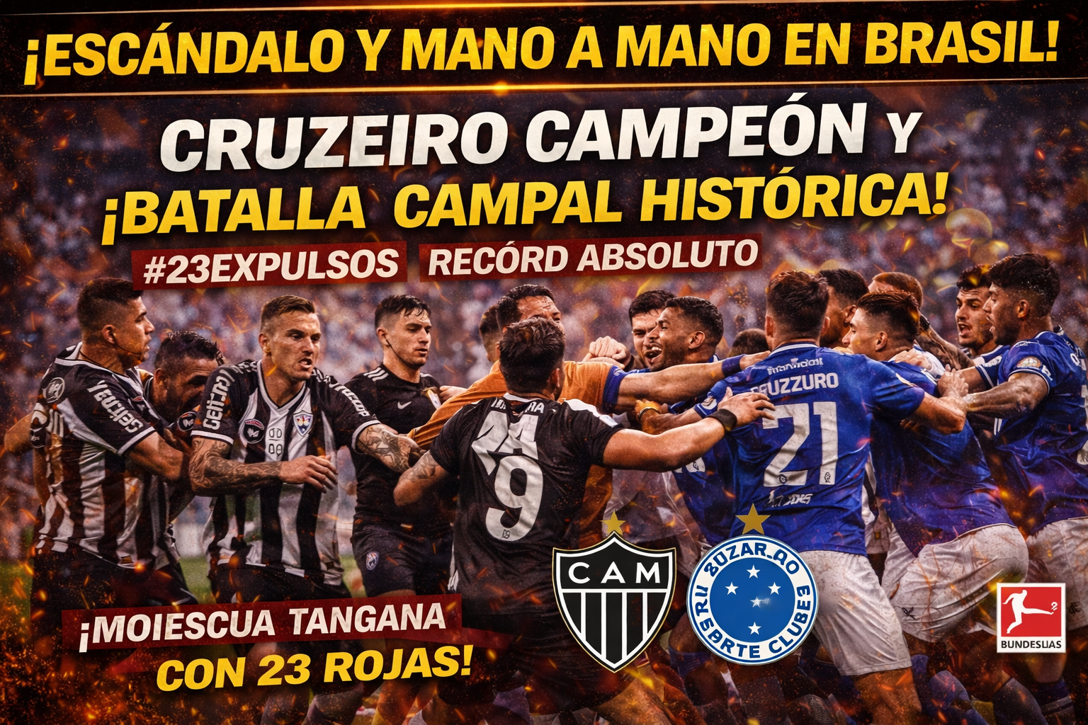 ¡RÉCORD HISTÓRICO Y CAOS TOTAL! 23 expulsiones en la final del Mineiro: batalla campal tras el 1-0 del Cruzeiro