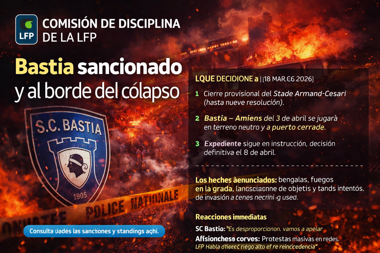 Bastia castigado con cierre total de estadio y partido a puerta cerrada tras los incidentes con bengalas e invasiones