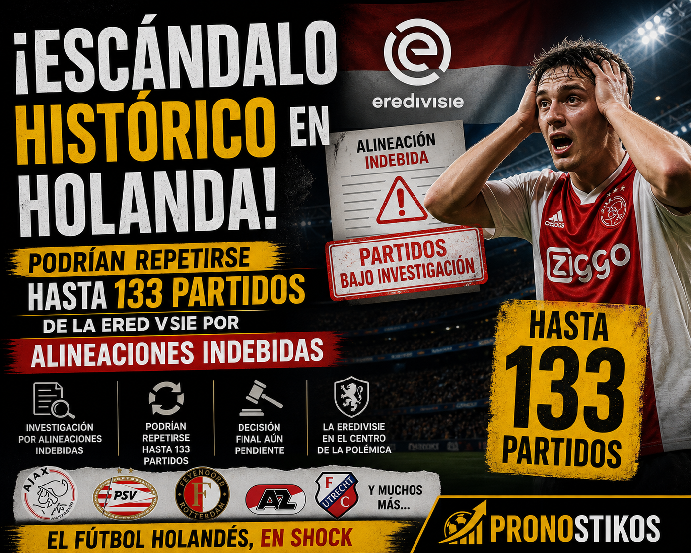 ¡ESCÁNDALO HISTÓRICO EN HOLANDA! Podrían repetirse hasta 133 partidos de la Eredivisie por alineaciones indebidas