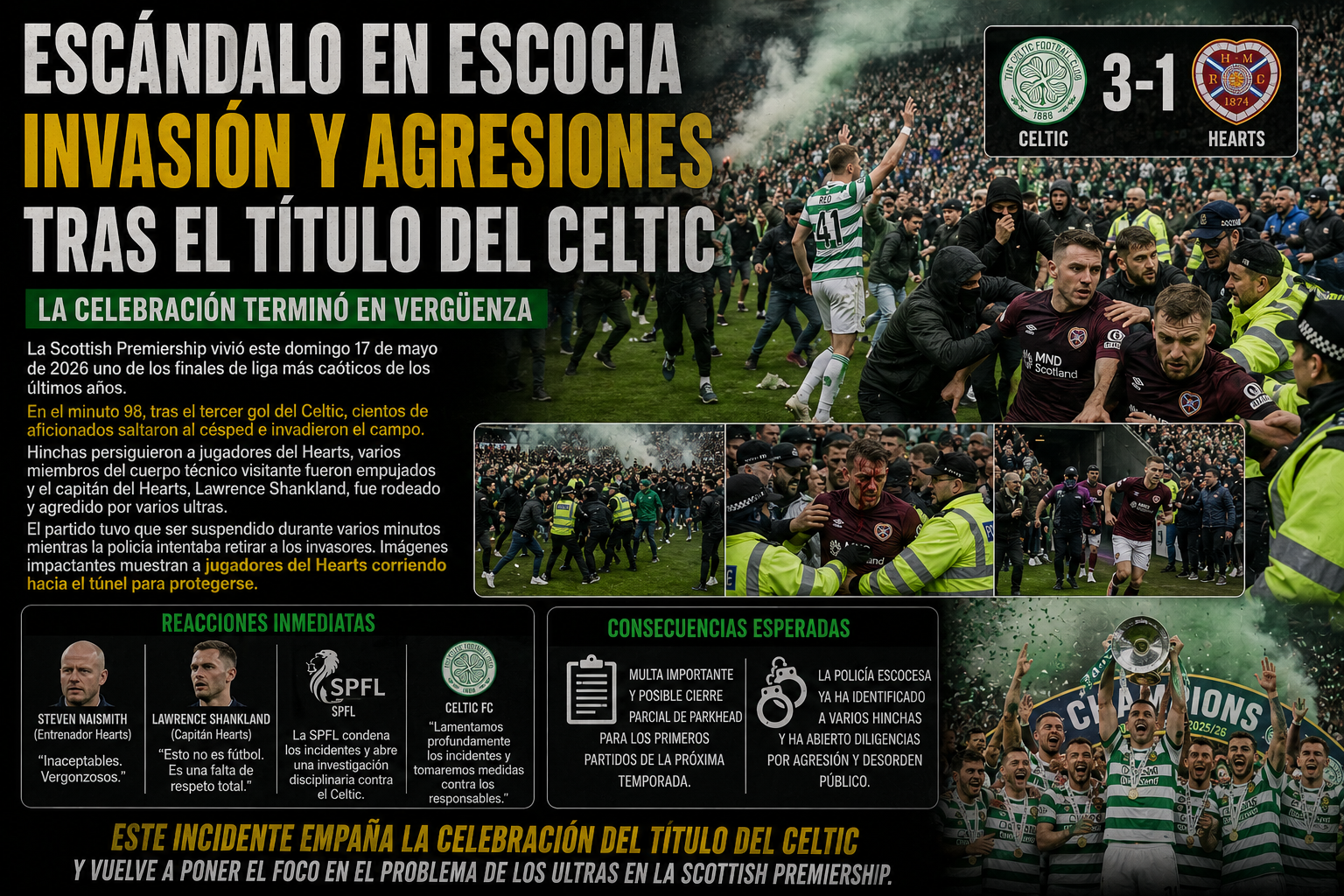 Celtic se proclama campeón y sus hinchas invaden el campo, agreden a jugadores del Hearts y provocan escenas de vergüenza